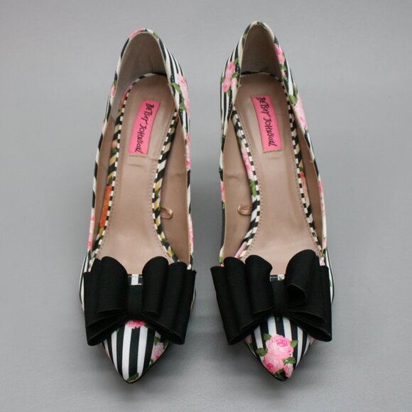 Betsey Johnson Ladies 9 Bret Roses Floral Stripes Ribbon Bow Heels Shoes Pumps - Picture 5 of 12